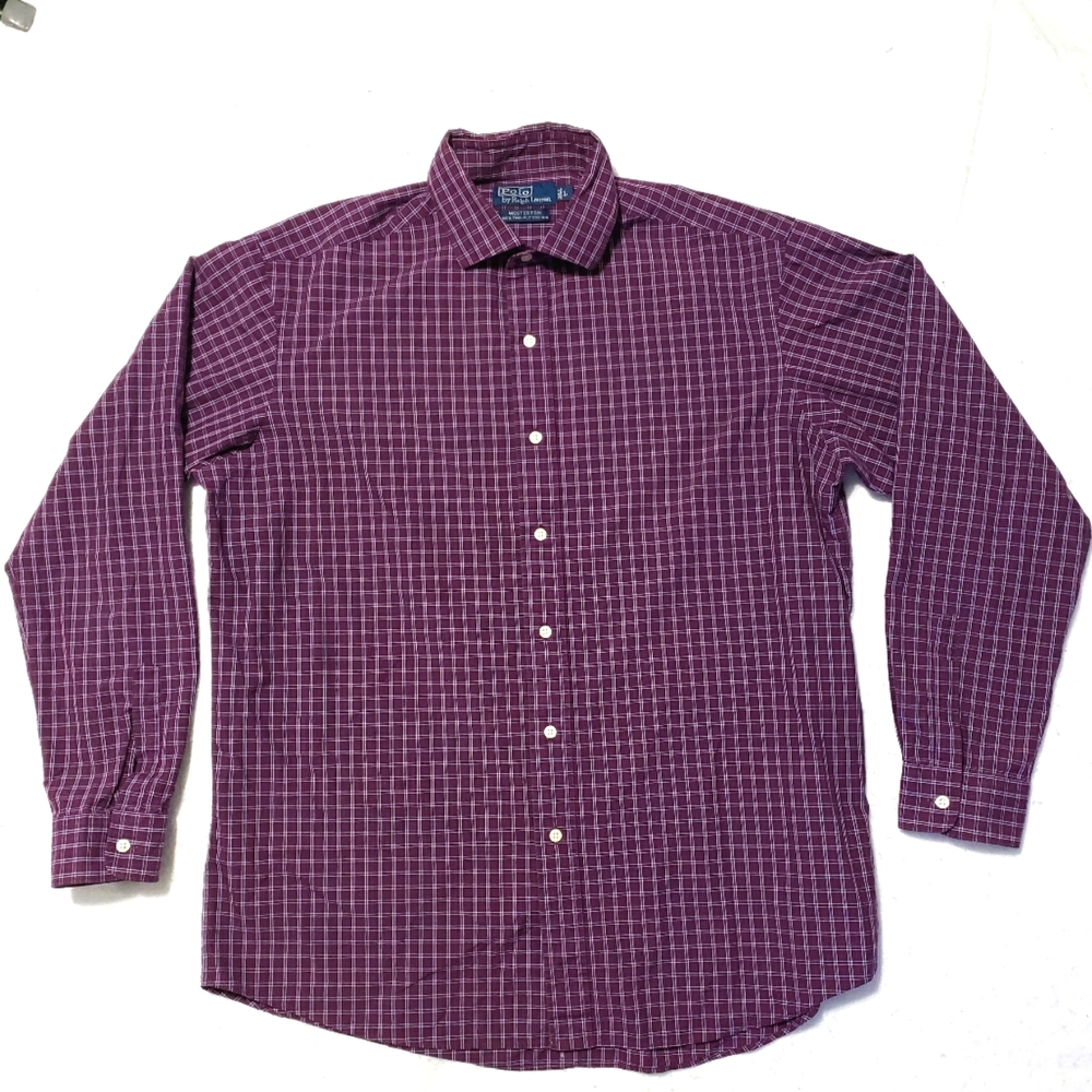 Polo By Ralph Lauren Mens Long Sleeve Button Purple Plaid Cotton Shirt Size L